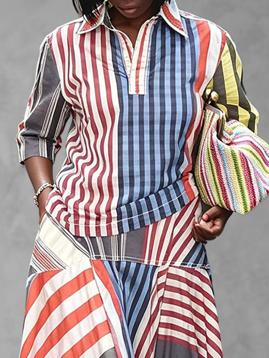 Striped Contrast Color Three-quarter Sleeves Loose Lapel Blouses&shirts Tops