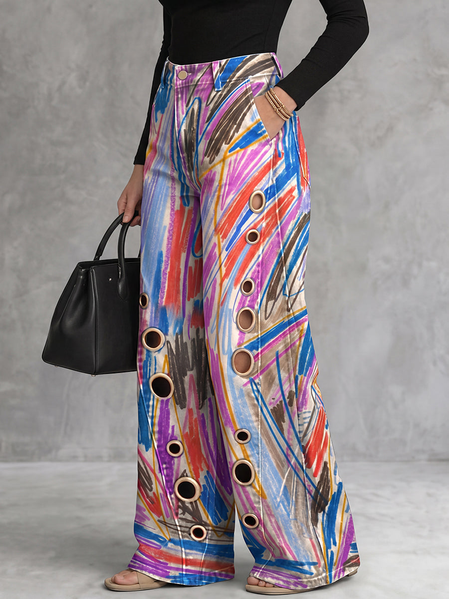 High Waisted Wide Leg Buttoned Hollow Pockets Printed Pants Trousers