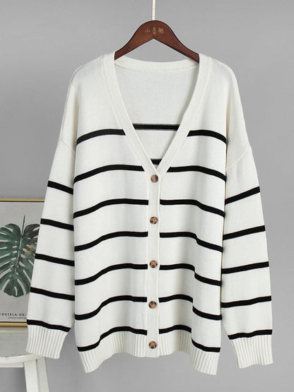 Long Sleeves Loose Split-Joint Striped V-Neck Cardigan Tops
