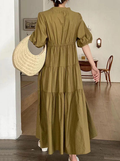 Lockere, bestickte, plissierte Midikleider mit V-Ausschnitt und Bischofsärmeln 