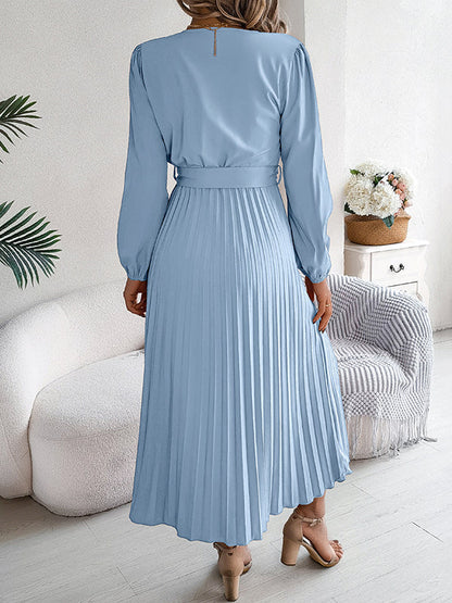 High Waisted Long Sleeves Belted Buttoned Pleated Solid Color V-Neck Maxi Dresses