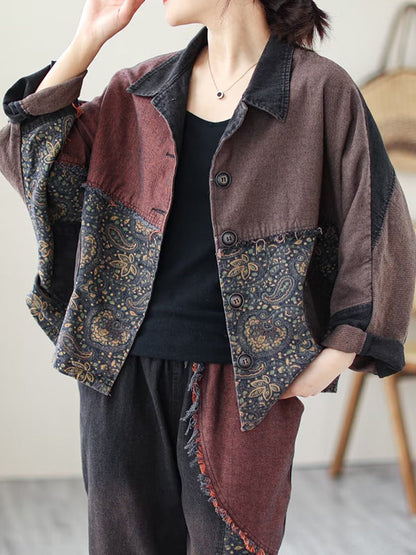 Contrast Color Fringed Split-Joint Long Sleeves Printed Outwear + Harem Pants  Two Pieces Set