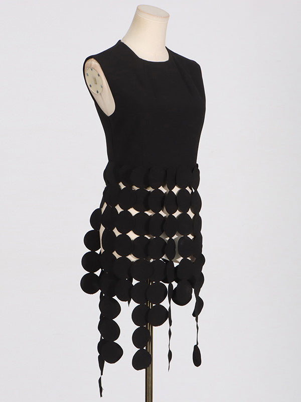 Haut sans manches à pois, couleur unie, col rond, pompons fendus 