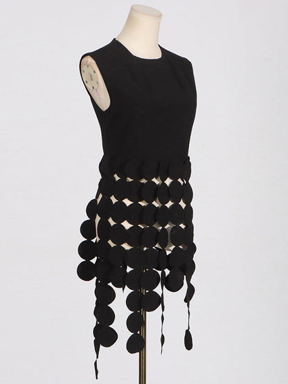 Haut sans manches à pois, couleur unie, col rond, pompons fendus 