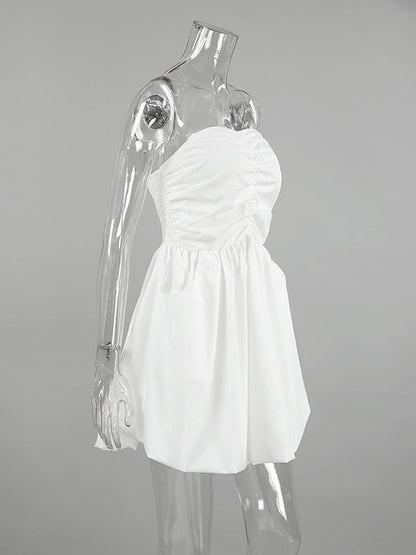 A-Line High Waisted Elasticity Pleated Pockets Solid Color Tube Mini Dresses