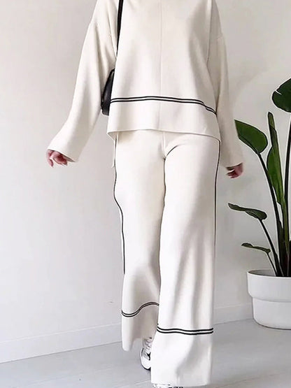 High-Low Contrast Color Split-Side Round-Neck Sweater Top + High Waisted Pants Bottom Two Pieces Set