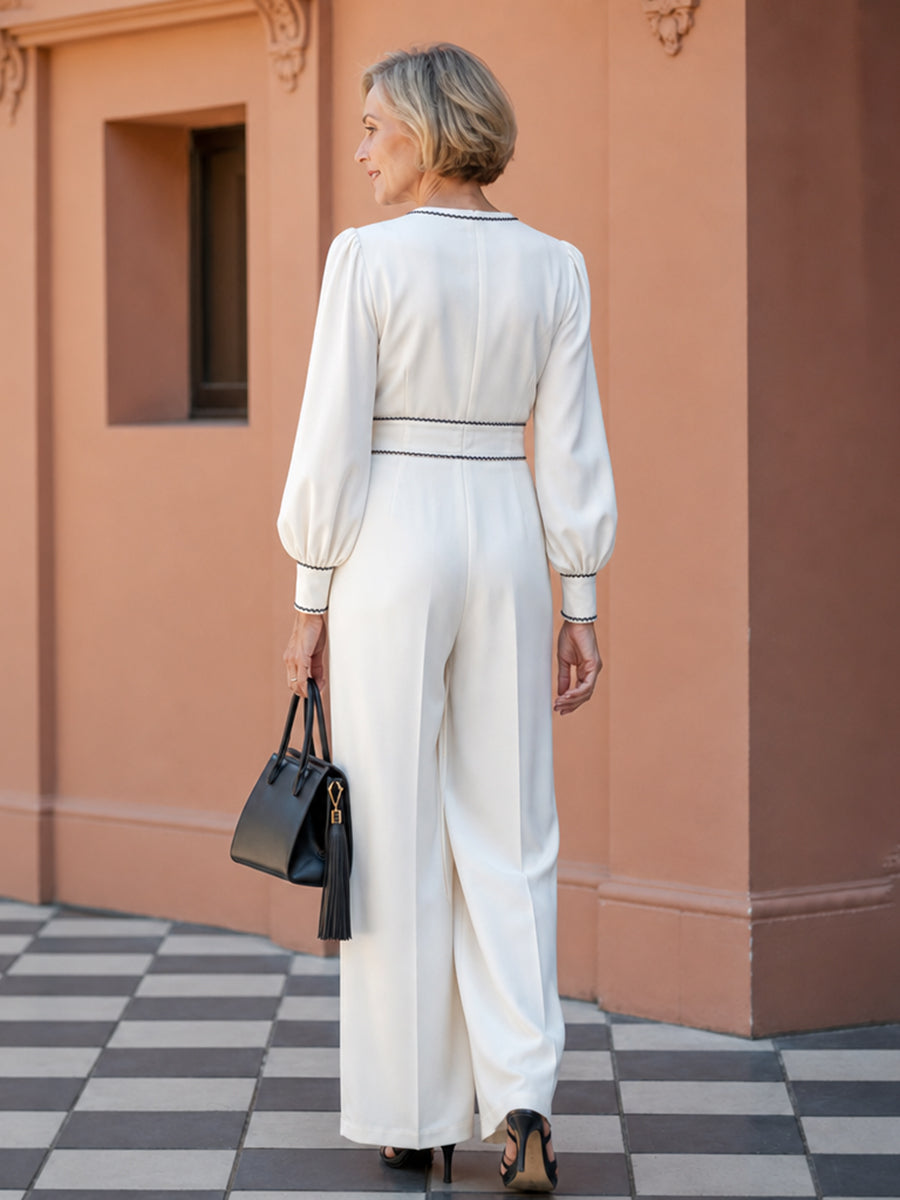 Contrast Color Buttoned Puff Sleeves Long Sleeves Round-neck Jumpsuits