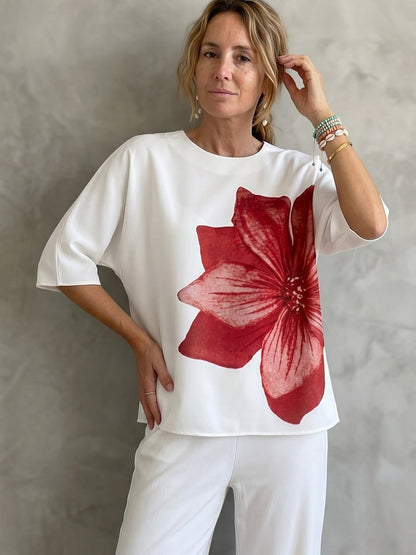 Half Sleeves Loose Flower Print Round-Neck T-Shirts Tops