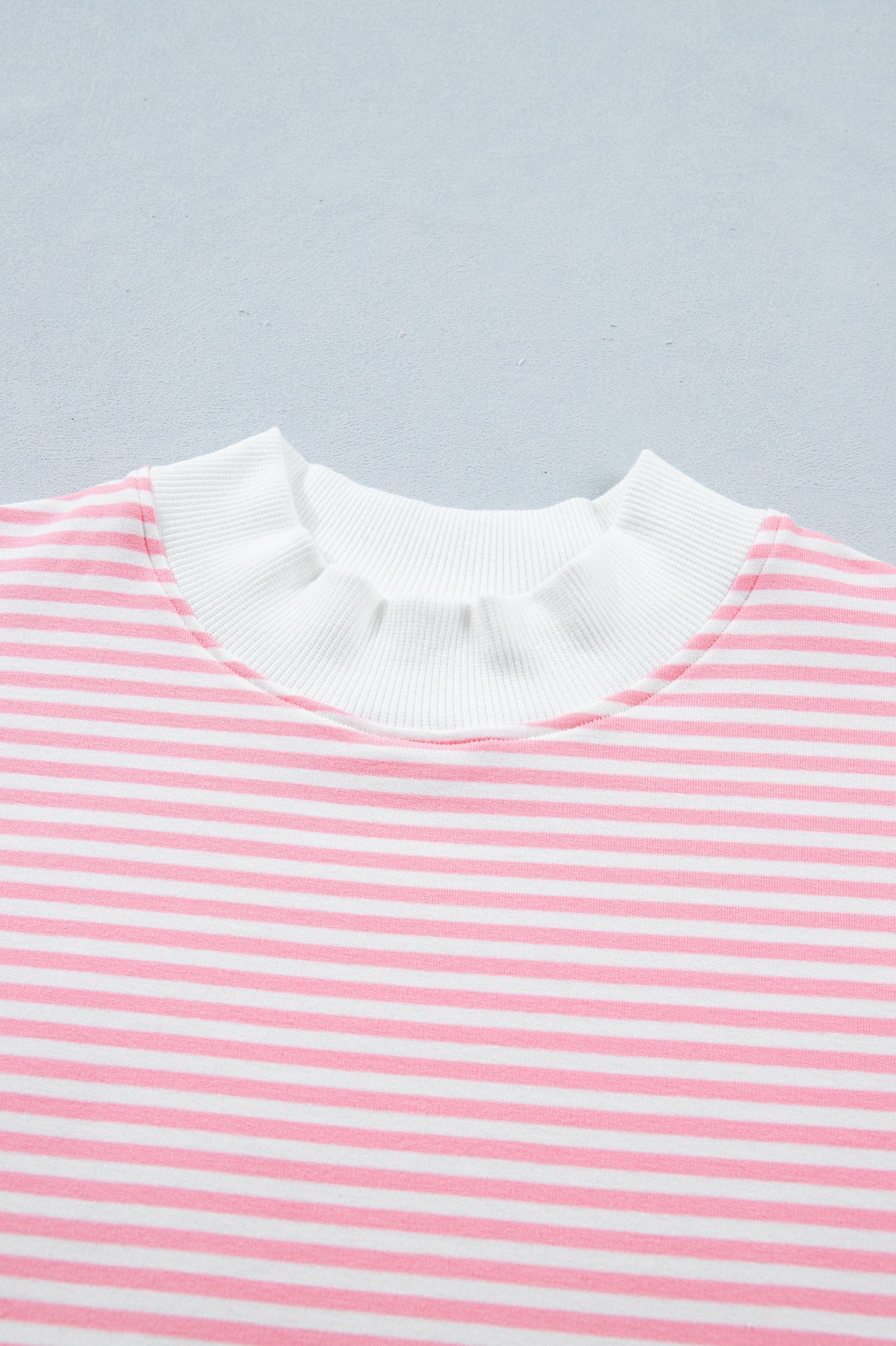 Sky Blue Stripe Cuffed Sleeve Contrast Mock Neck Tee Casual 2pcs Short Set