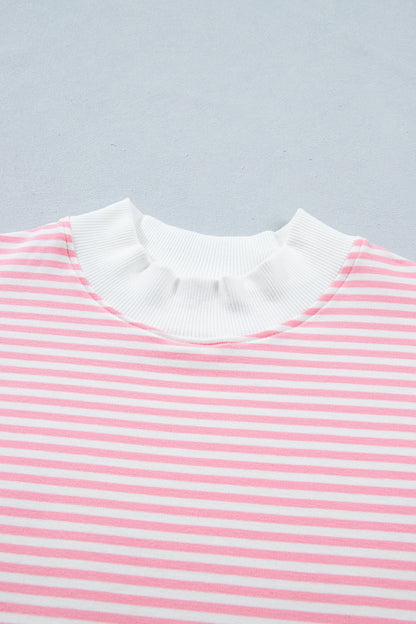 Sky Blue Stripe Cuffed Sleeve Contrast Mock Neck Tee Casual 2pcs Short Set