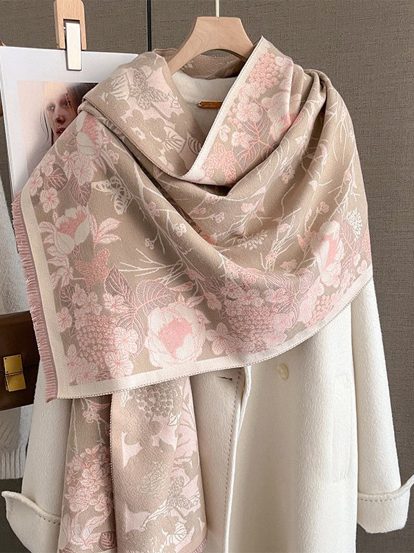 Fringed Keep Warm Knitted Flower Shawl&Scarf PINK One_size