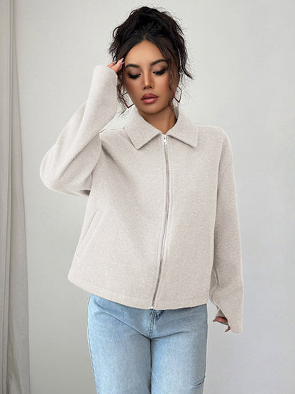 Long Sleeves Loose Solid Color Zipper Lapel Outerwear