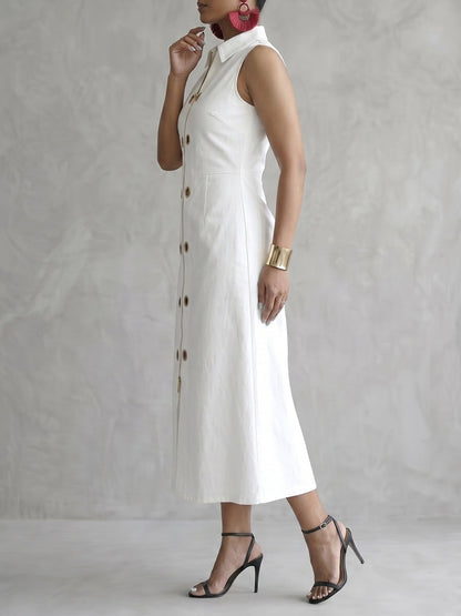 A-Line High Waisted Hollow Solid Color Split-Front Zipper Lapel Maxi Dresses