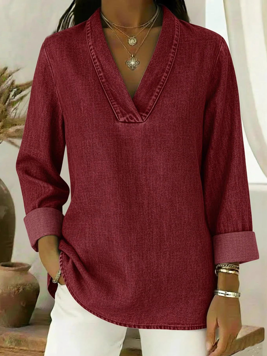 Long Sleeves Loose Solid Color V-Neck Blouses&Shirts Tops