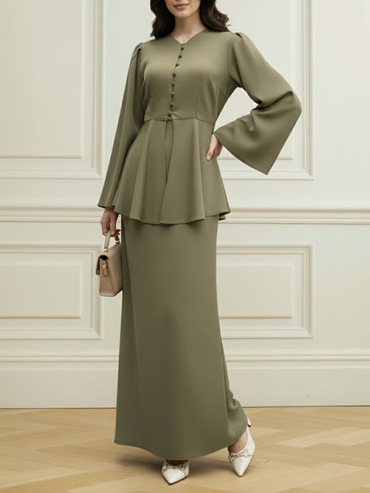 Solid Color V-Neck Ruffled Long Sleeves Flared Sleeves  Buttoned Blouses&Shirts Tops + Zipper Adjustable Straps Maxi Dresses Two Pieces Set