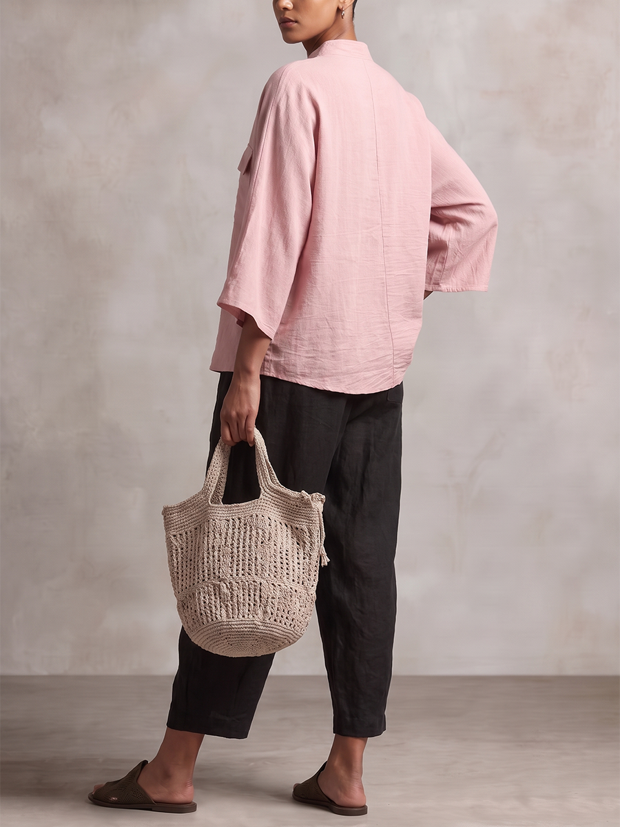 Solid Color Pockets Loose Long Sleeves V-neck Blouses&shirts Tops