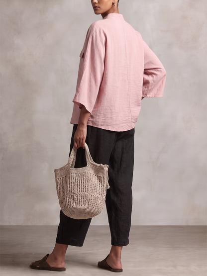 Solid Color Pockets Loose Long Sleeves V-neck Blouses&shirts Tops