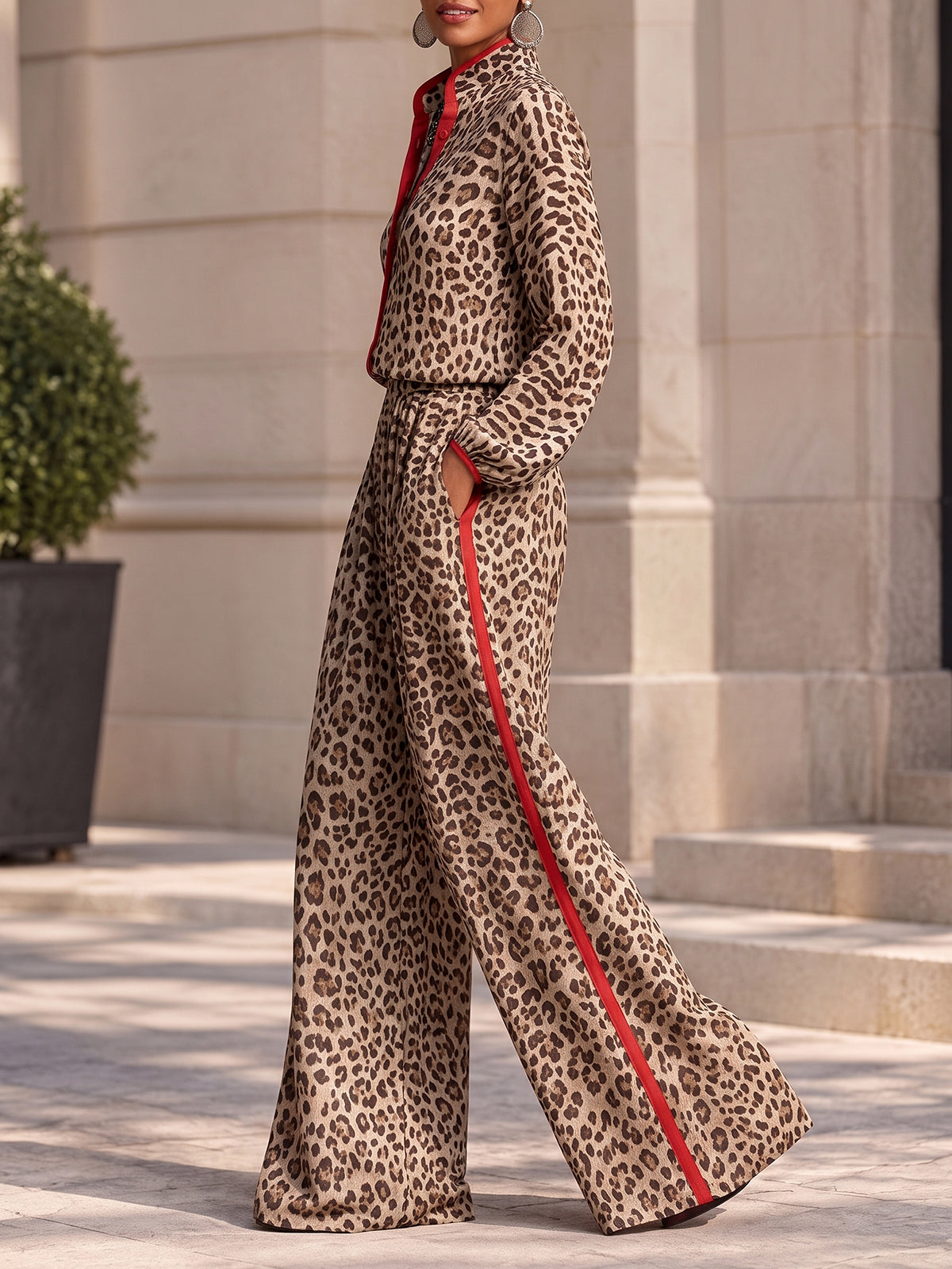 Split-Joint Leopard Contrast Color Buttoned Long Sleeves Stand Collar Blouses&shirts Tops