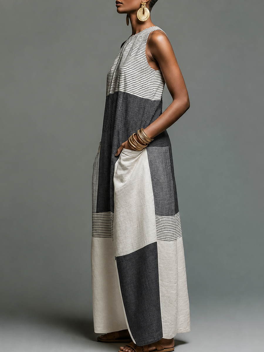 Striped Split-Joint Printed Pockets Contrast Color Sleeveless Loose Round-neck Maxi Dresses