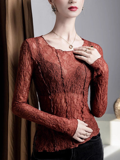 Irregularity Long Sleeves See-Through Split-Joint Textured Round-Neck T-Shirts Tops