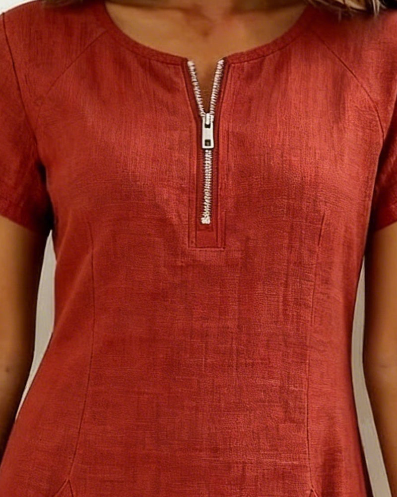 Remi | Women's Shift Dress Short Sleeve Zip Neck with Pockets