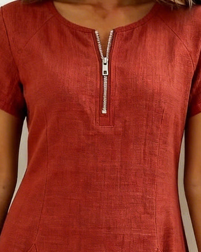 Remi | Women's Shift Dress Short Sleeve Zip Neck with Pockets