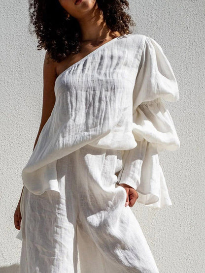 Flared Sleeves Loose Asymmetric Elasticity Pleated Solid Color Split-Joint One-Shoulder Blouses&Shirts Tops