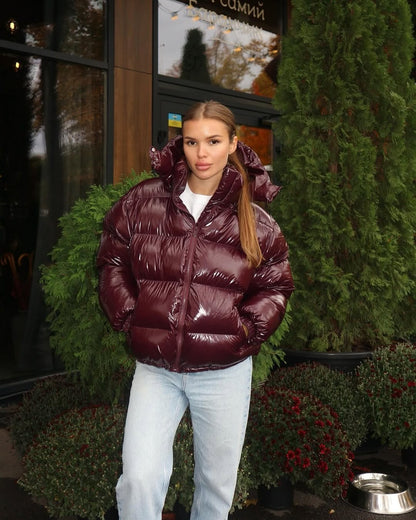 Women Glossy Zipper Hooded Jacket | Windbreaker | Pleated | Short Jacket | Cotton