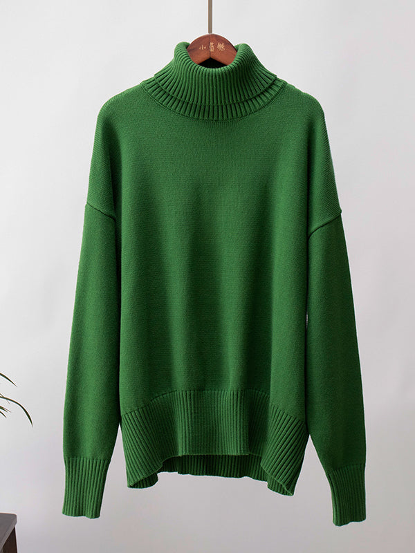 Long Sleeves Loose Solid Color High Neck Knitwear Pullovers Sweater Tops