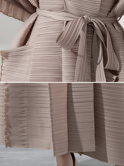 Casual Long Sleeves Loose Tied Pleated Stand Collar Midi Dresses