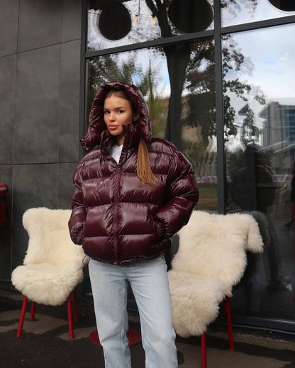 Women Glossy Zipper Hooded Jacket | Windbreaker | Pleated | Short Jacket | Cotton Burgundy
