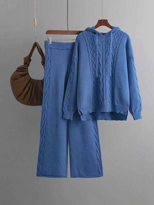 Urban Loose Solid Color Hooded High-Low Sweater Tops & Wide Leg Pants Two Pieces Set