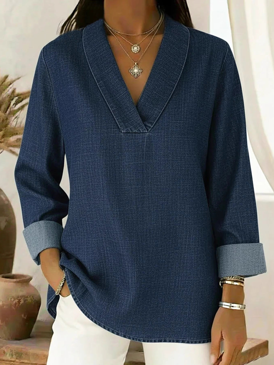 Long Sleeves Loose Solid Color V-Neck Blouses&Shirts Tops