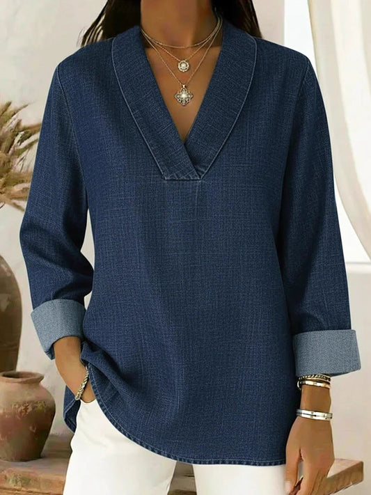 Long Sleeves Loose Solid Color V-Neck Blouses&Shirts Tops