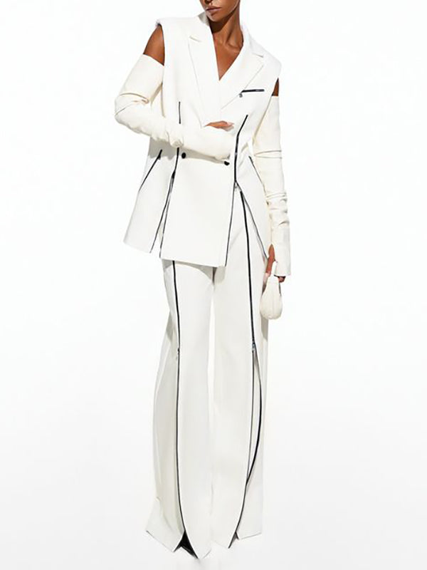 High Waisted Loose Contrast Color Solid Color Zipper Pants Trousers