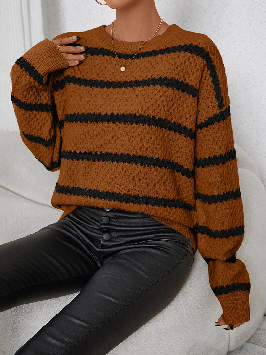 Striped Split-Joint Contrast Color Loose Long Sleeves Round-Neck Sweater Tops Pullovers