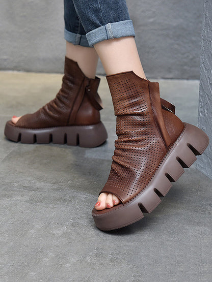 Urban Black Brown Zipper Hollow Platform Shoes