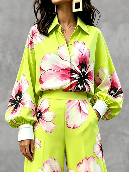 Pleated Flower Print Contrast Color Buttoned Puff Sleeves Loose Lapel Blouses&shirts Tops