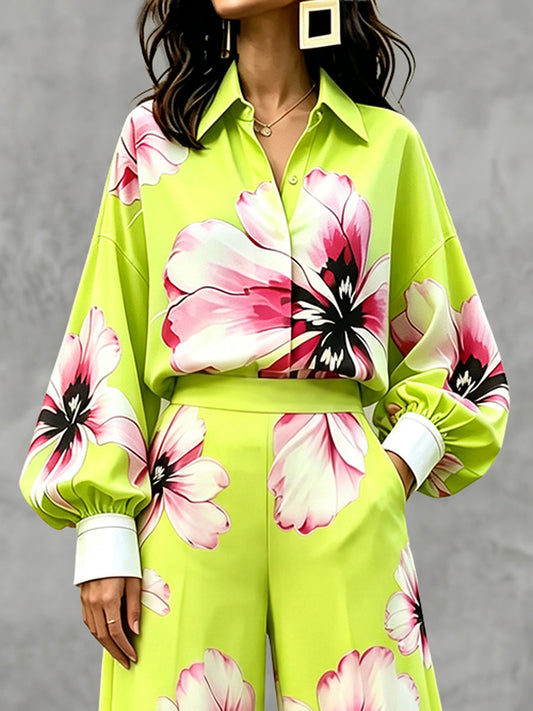 Pleated Flower Print Contrast Color Buttoned Puff Sleeves Loose Lapel Blouses&shirts Tops