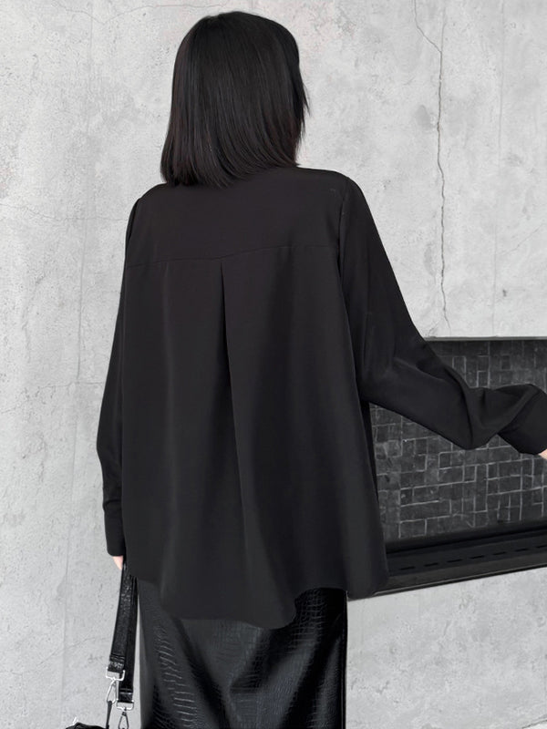 Hipster Long Sleeves Buttoned Falbala Ruffled Solid Color Split-Joint Lapel Blouses&Shirts Tops