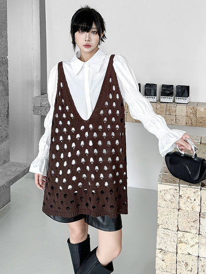 Loose Sleeveless Hollow Solid Color V-Neck Vest Top