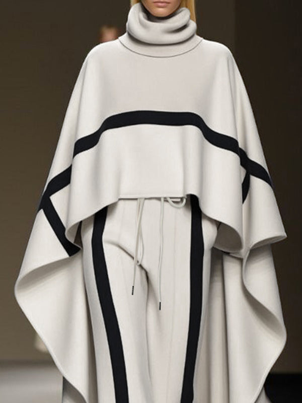 High-Low Loose Striped High Neck Cape