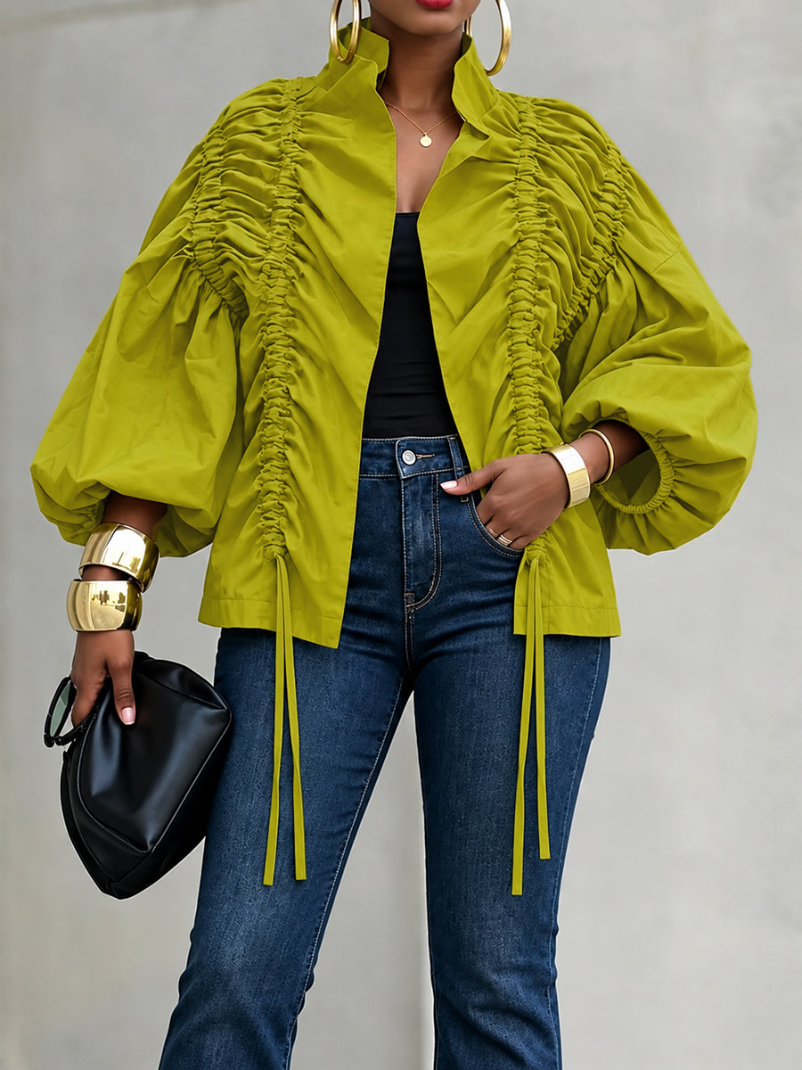 Split-Joint Solid Color Pleated Elasticity Drawstring Three-quarter Sleeves Puff Sleeves Stand Collar Outerwear