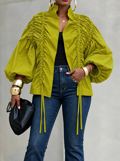 Split-Joint Solid Color Pleated Elasticity Drawstring Three-quarter Sleeves Puff Sleeves Stand Collar Outerwear