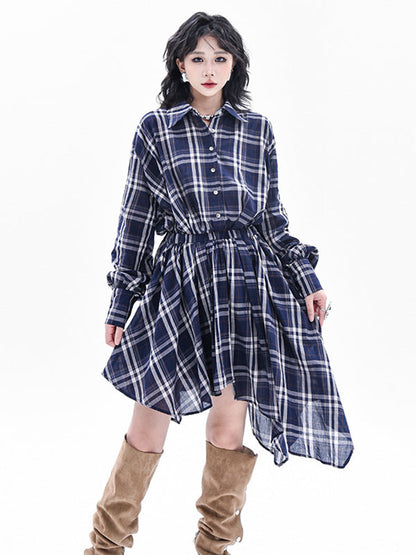 High-Low Irregularity Elasticity Plaid Lapel Collar Midi Dresses