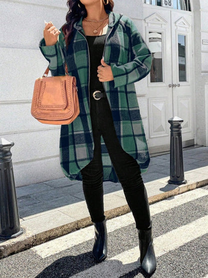 High-Low Long Sleeves Plaid Zipper Hooded Outerwear