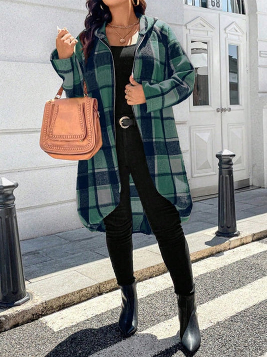 High-Low Long Sleeves Plaid Zipper Hooded Outerwear