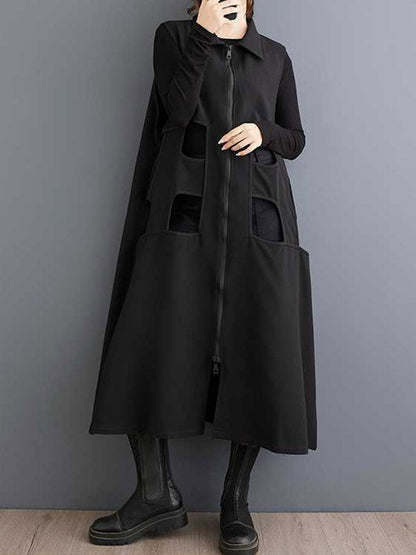 Robe mi-longue ample sans manches, couleur unie, ajourée, fermeture éclair, revers 