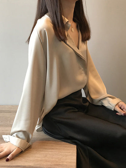 Satin V-Neck Loose Solid Color High-Low Long Sleeve Shirts