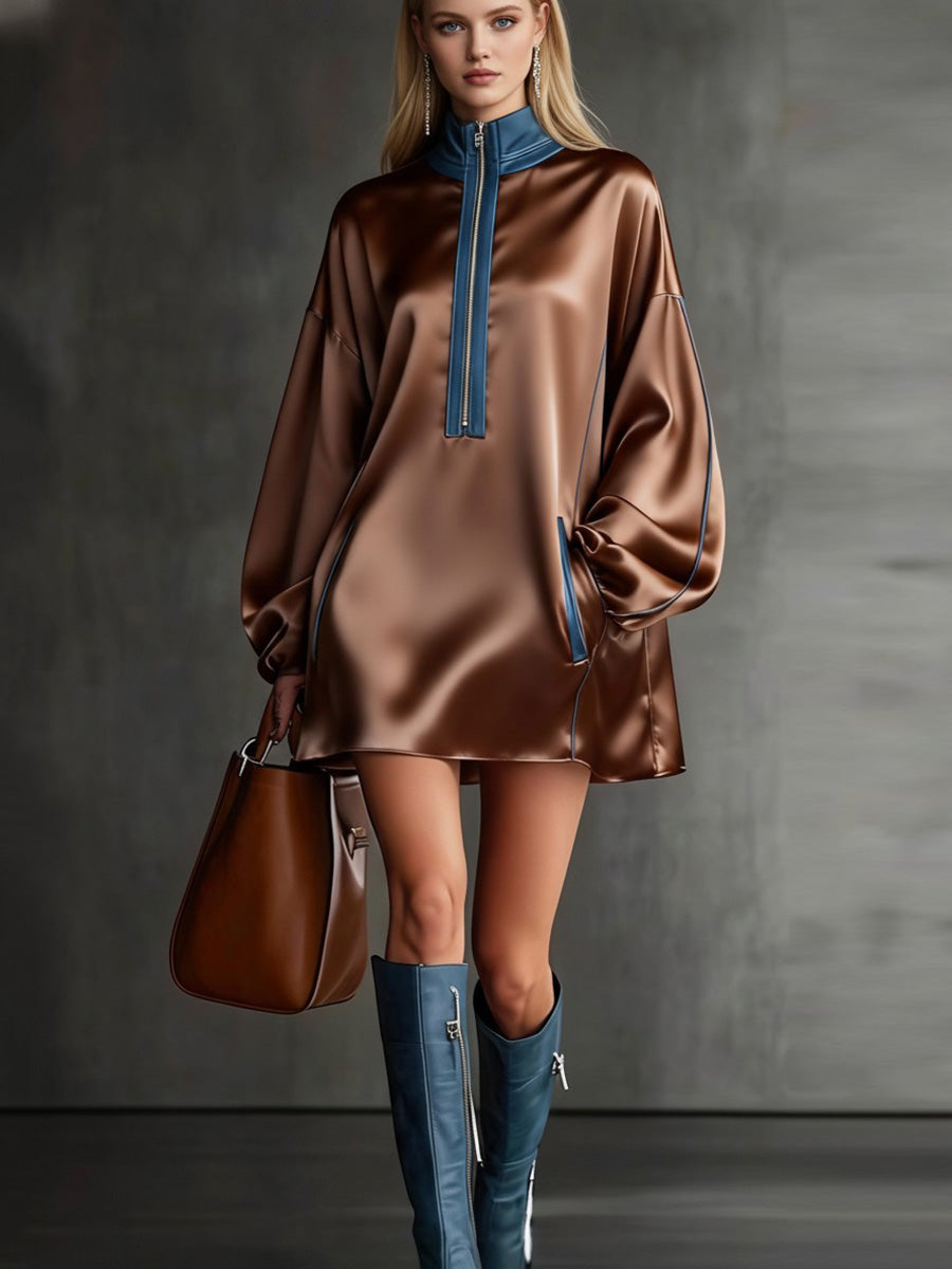 Long Sleeves Loose Contrast Color Pockets Split-Joint Zipper Half Turtleneck Mini Dresses